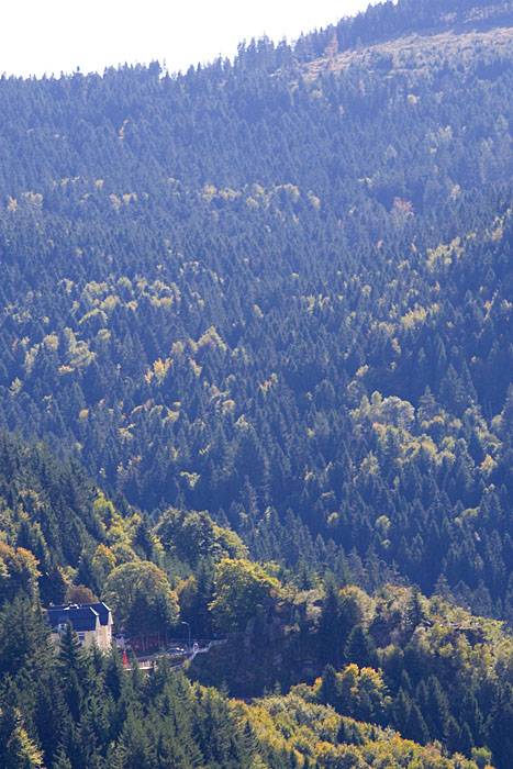 Am rechten Bildrand, gegenüber dem gelben Haus ist der Wiedenfelsen