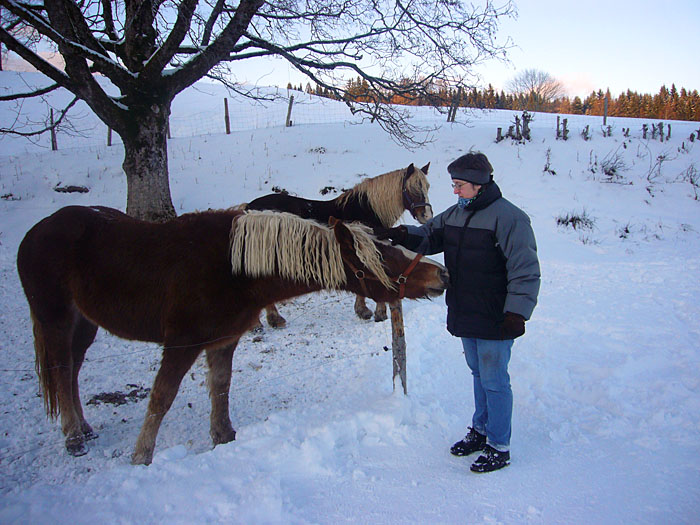 Ein wenig mit dem Pferd kuscheln um sich aufzuwärmen ;-)