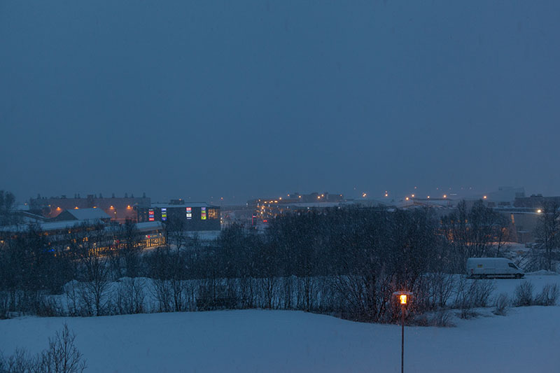Blick aus dem Hotelfenster, es schneit