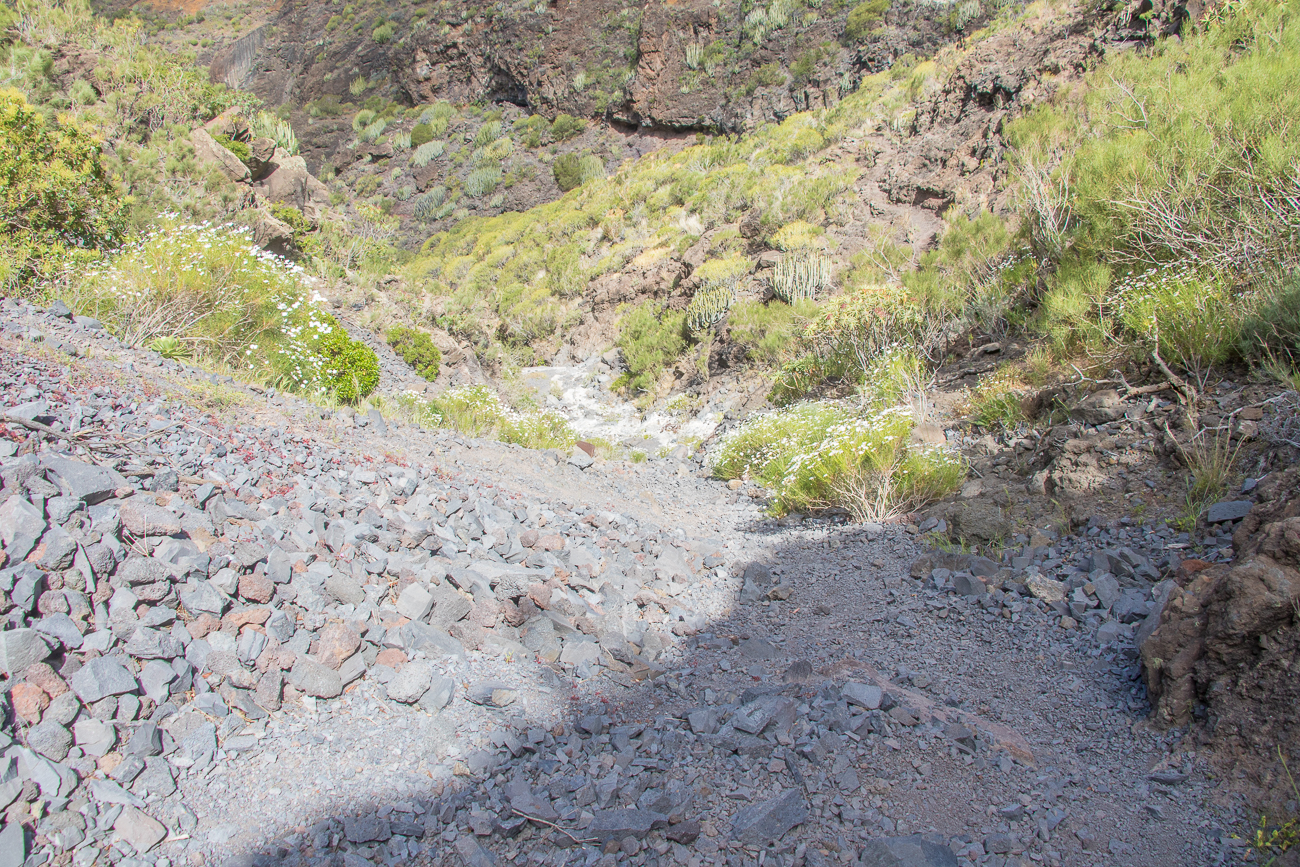 ... müssen wir einen steilen Geröllhang hinabrutschen 