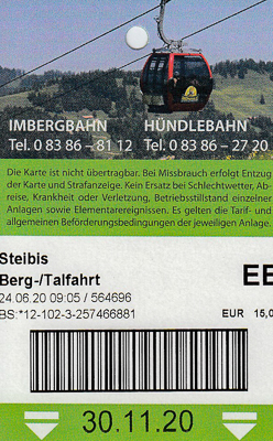 Fahrkarte der Imbergbahn, Berg- und Talfahrt