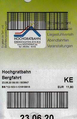 Fahrkarte der Hochgratbahn, nur Bergfahrt