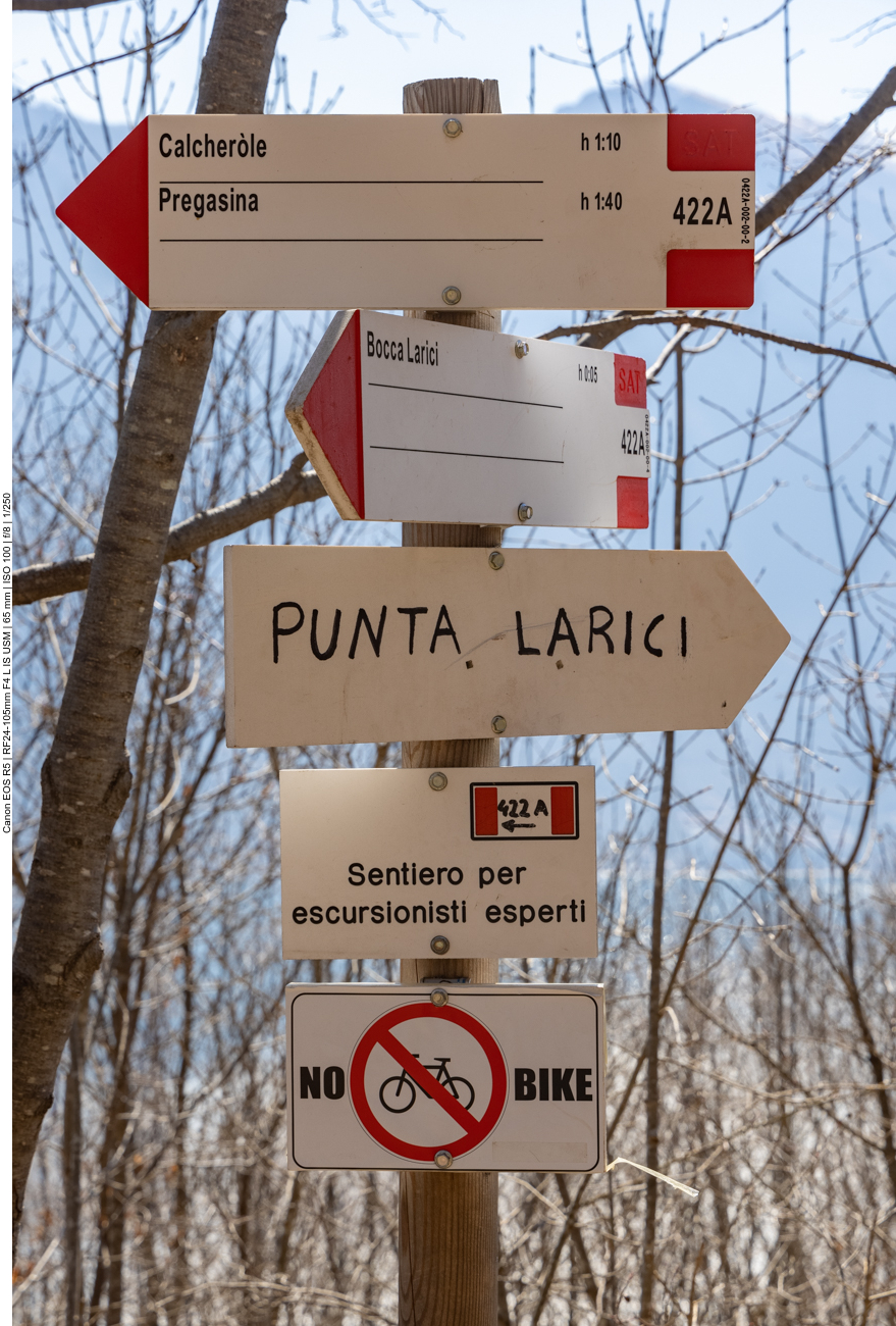 Wegweiser, zum Punta Larici wollen wir hin