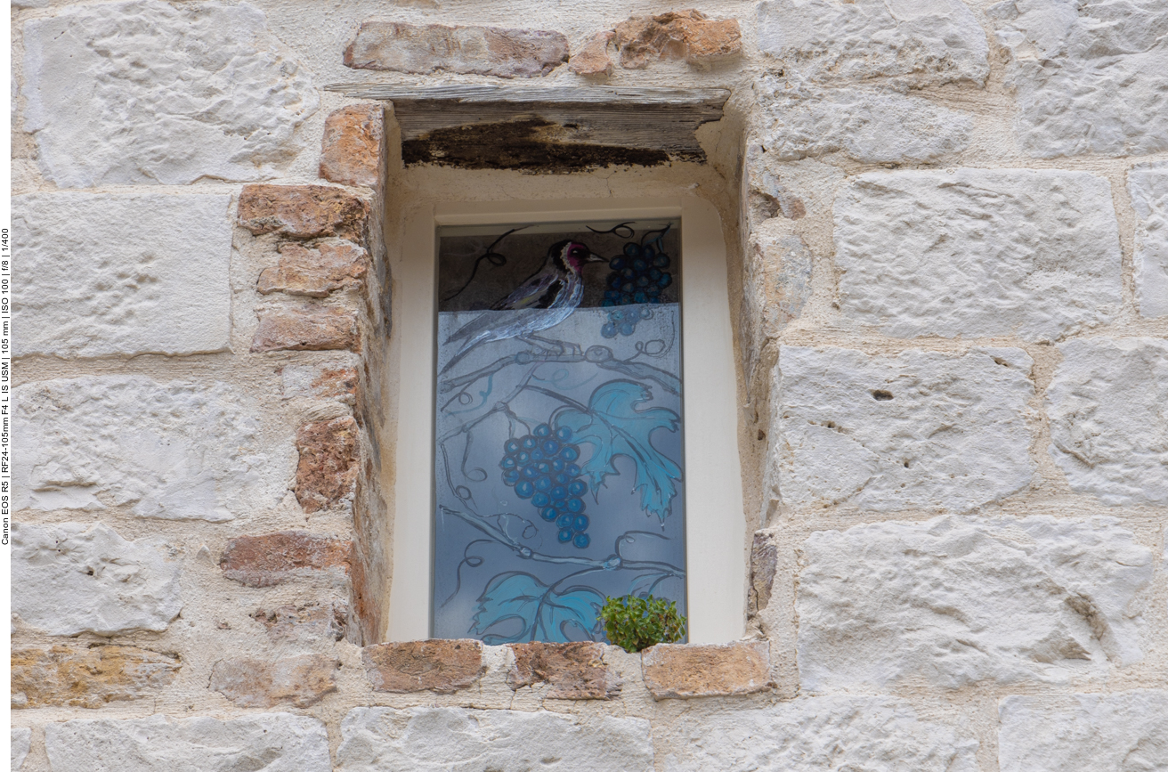 Buntes Fenster mit Motiven aus dem Weinanbau