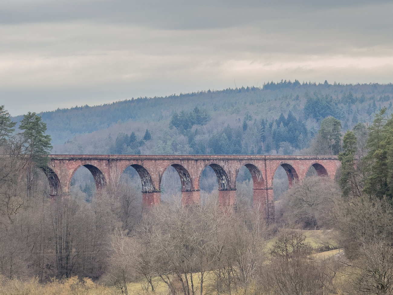 Die 250 Meter lange Bogenbrücke besteht aus zehn Bögen mit je 20 Metern lichter Weite bei einer Maximalhöhe von 43 Meter über der Talsohle. Die Brücke ist durch verstärkte Pfeiler in drei Teile gegliedert, den mittleren Teil mit vier Bögen und drei hohen Pfeilern, sowie die beiden Seitenteile mit jeweils drei Bögen. Die Zwischenpfeiler sind im oberen Teil sechs Meter breit. Die übrigen Pfeiler haben oben eine Stärke von vier Metern und sind nach allen Seiten mit 1:30-Anzug versehen, werden also nach unten breiter. Die Gewölbe sind im Scheitelpunkt einen Meter und am Kämpfer zwei Meter dick. Die Brücke wurde aus 16.400 Kubikmeter lokalem Buntsandstein gemauert, wobei die Pfeilerkerne aus Bruchstein bestehen. Die Fundamente wurden aus Beton gegossen und besitzen eine Gründungstiefe von vier Meter, bei einem Pfeiler von elf Meter. 